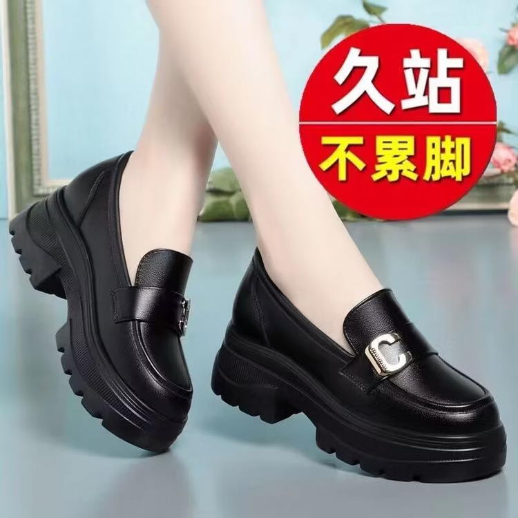 粗跟单鞋女新款秋季厚底软底女鞋一脚蹬女士松糕防水台乐福鞋