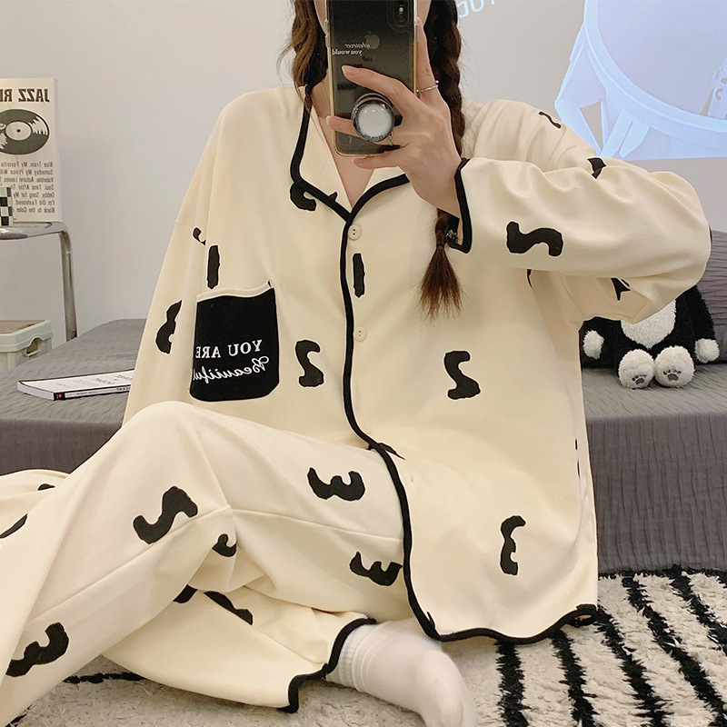 睡衣女春秋款纯棉长袖带胸垫年新薄款女士大码休闲家居服套装