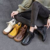 2025秋冬新款 马丁靴头层牛皮平底防撞圆头高帮女皮靴短筒保暖棉鞋