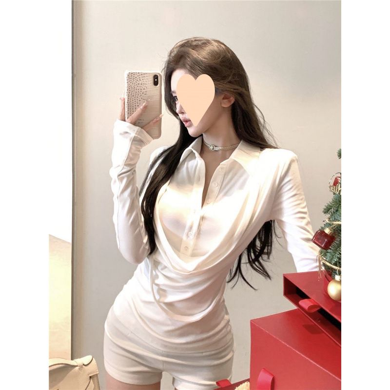 法式纯欲荡领假两件长袖恤女秋冬设计感别致修身显瘦内搭衬衫潮