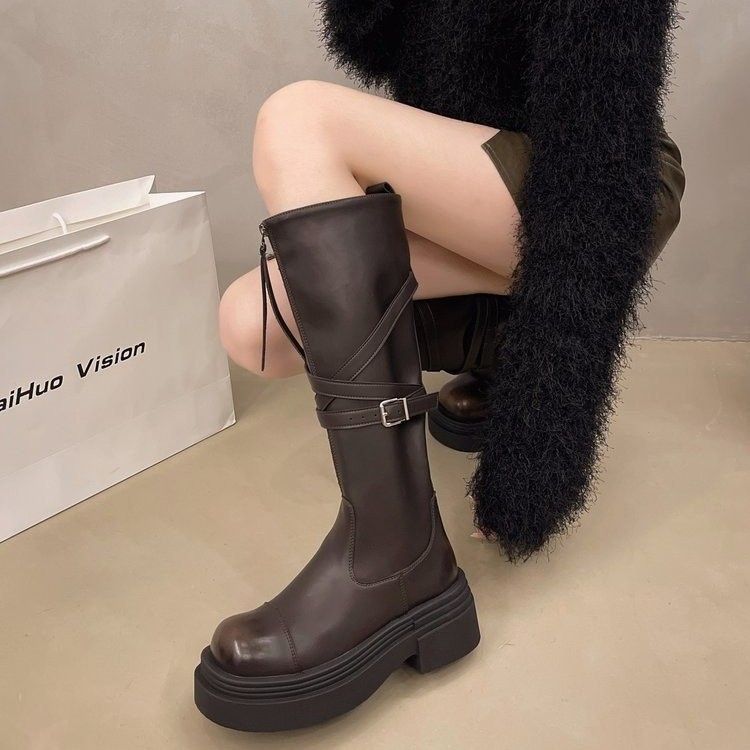 显瘦舒适长筒靴女2025秋季新款英伦厚底增高小个子不过膝时装靴