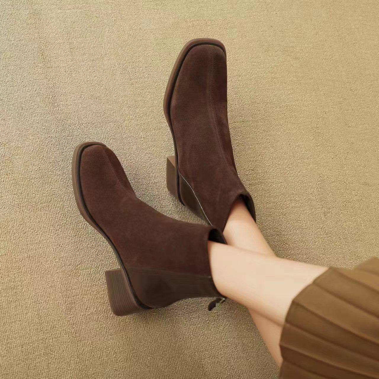 真皮复古切尔西靴女绒面年新款粗跟小短靴后拉链磨砂拼接单靴,女鞋,弹力靴/袜靴,淘宝优惠券,粉丝福利购,淘宝优惠卷