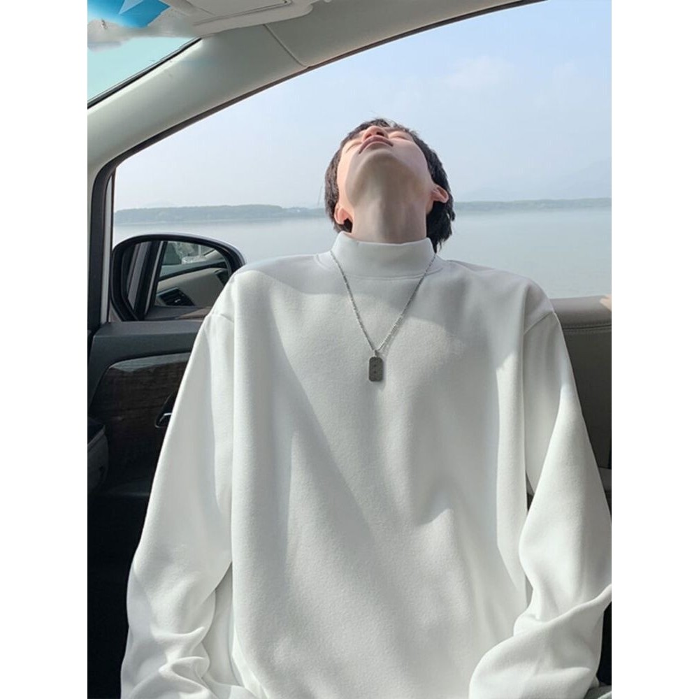 白色半高领德绒长袖T恤男加绒加厚卫衣保暖上衣内搭打底衫秋冬季