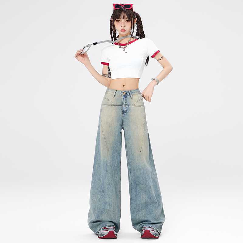 街头辣妹牛仔裤女重工设计感拼接高腰垂感宽松百搭阔腿拖