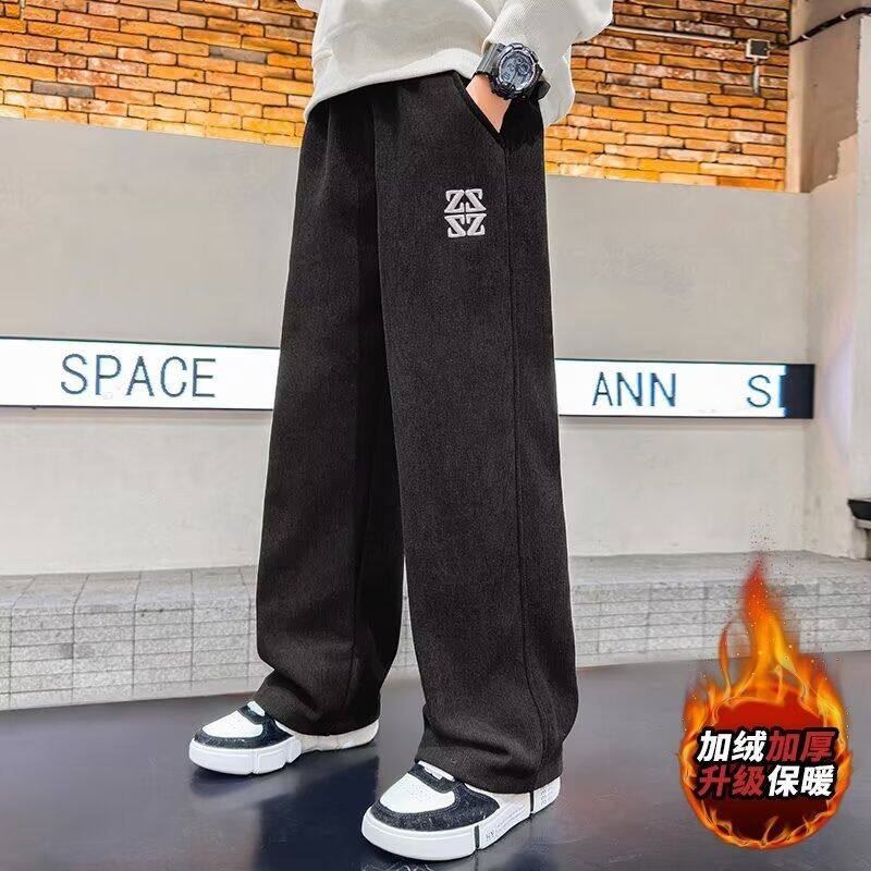 秋冬加绒男童裤子男孩直筒阔腿灯芯绒裤儿童运动裤小孩中大童卫裤