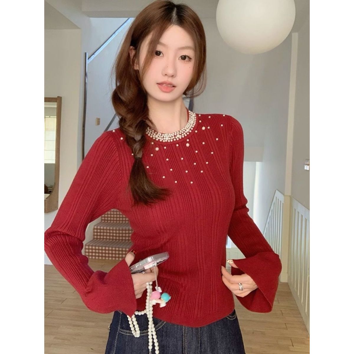 安可拉红色圆领钉珠长袖针织衫女秋冬内搭修身别致毛衣打底上衣