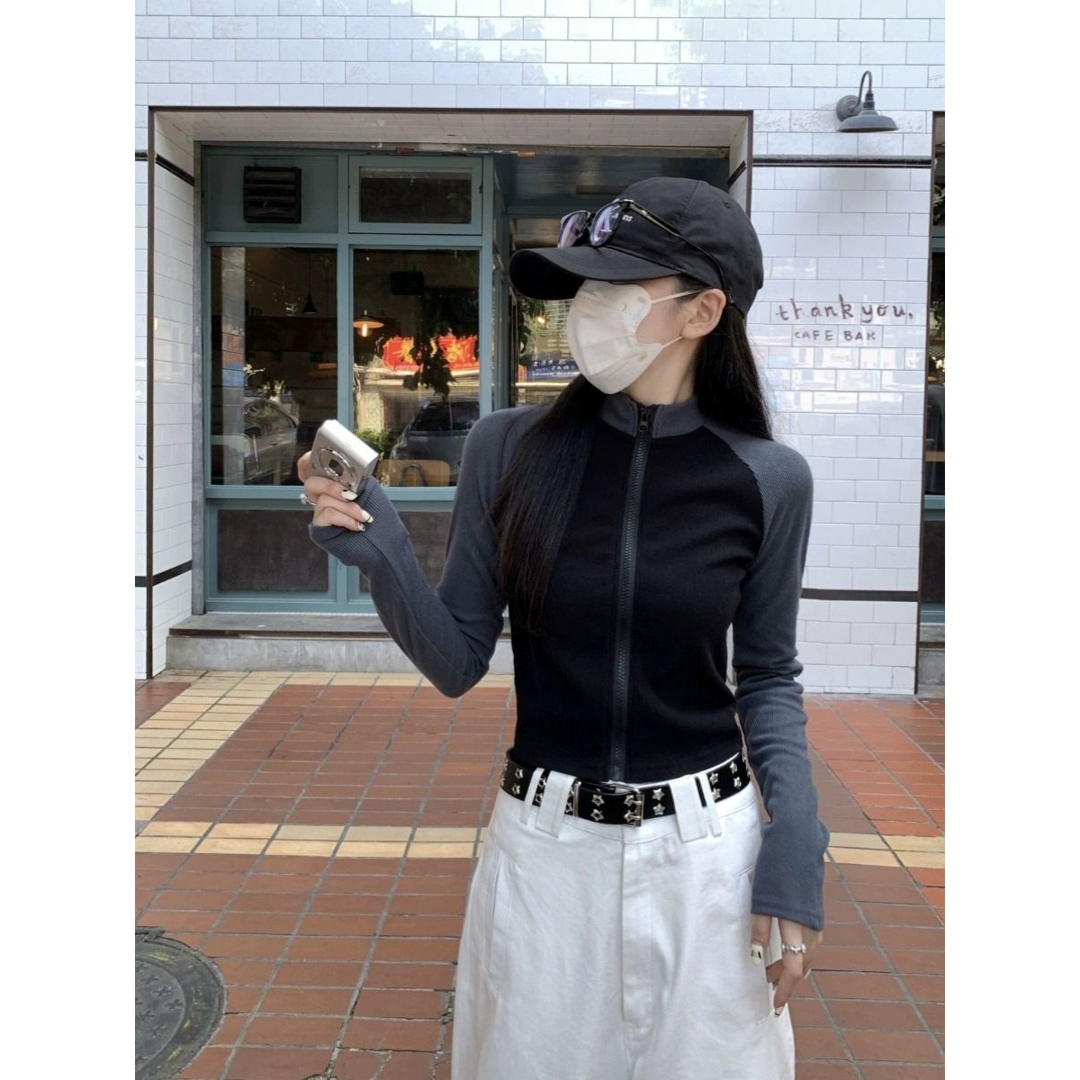 撞色立领插肩长袖t恤女春秋设计感拉链修身短款打底开衫外套上衣