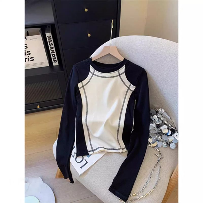 新款早秋美式撞色拼接长袖t恤女辣妹设计感正肩修身打底上衣