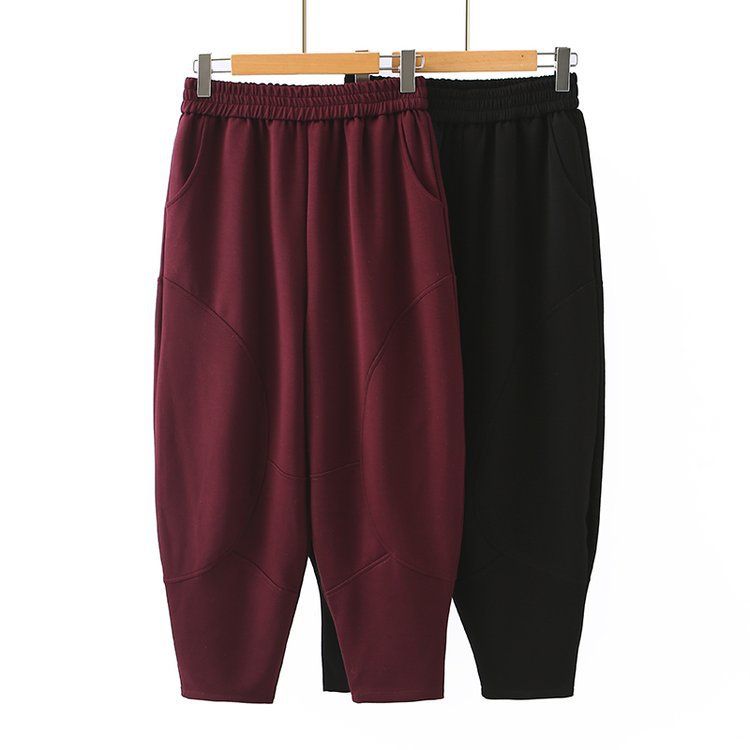 中老年女裤妈妈春装松紧腰九分萝卜裤加肥加大码宽松奶奶休闲裤子