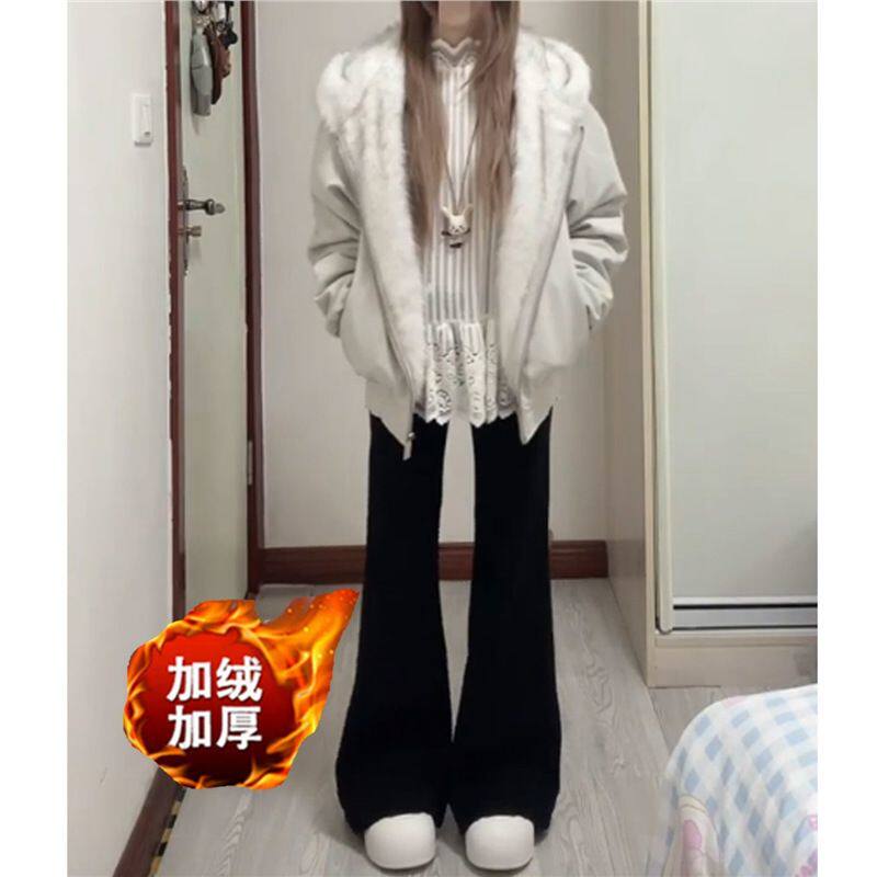 黑色辣妹显瘦加绒加厚微喇叭牛仔裤女秋冬新款高腰百搭马蹄长裤子