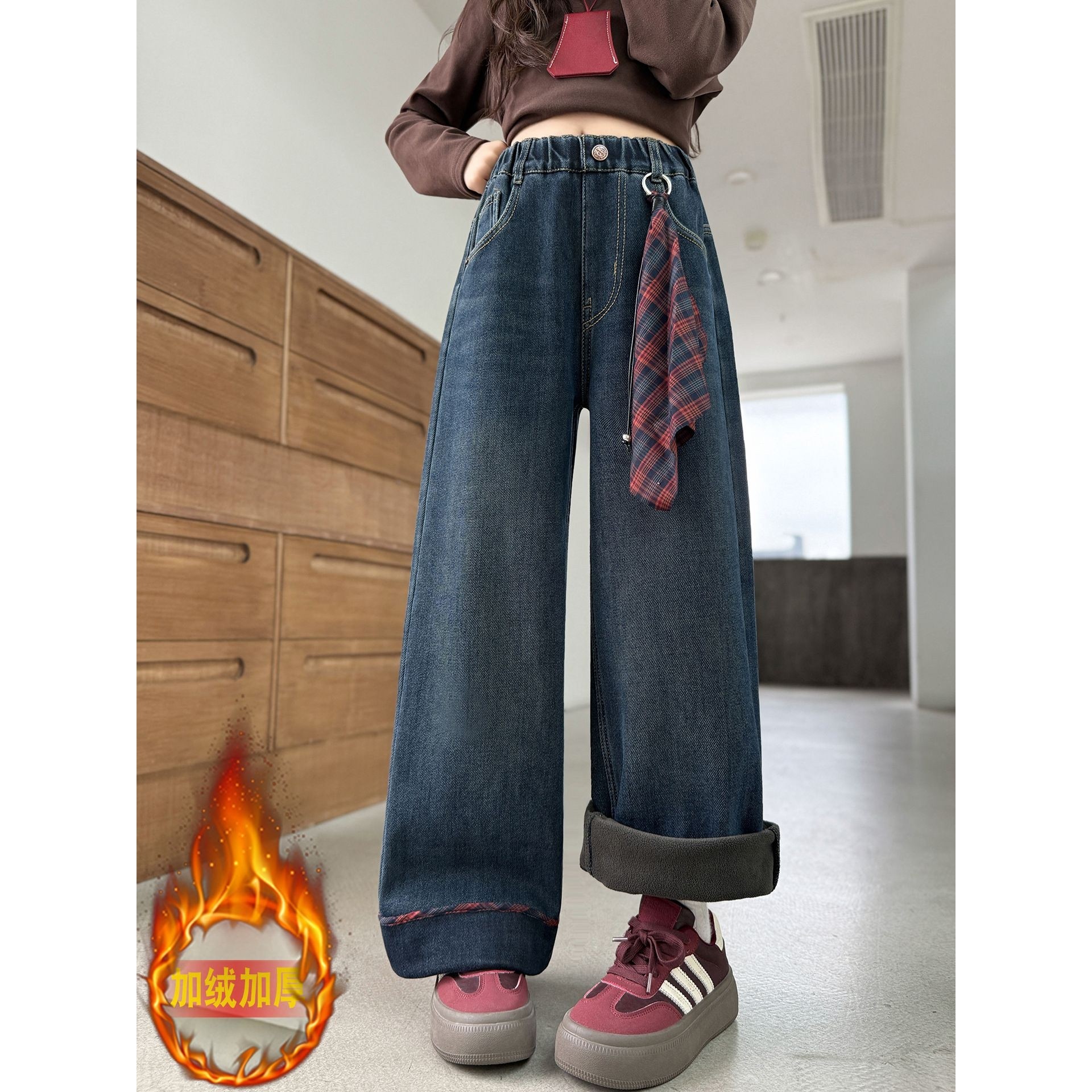 女童加绒牛仔裤秋冬2025新款儿童一体绒裤子女孩大童初中生阔腿裤