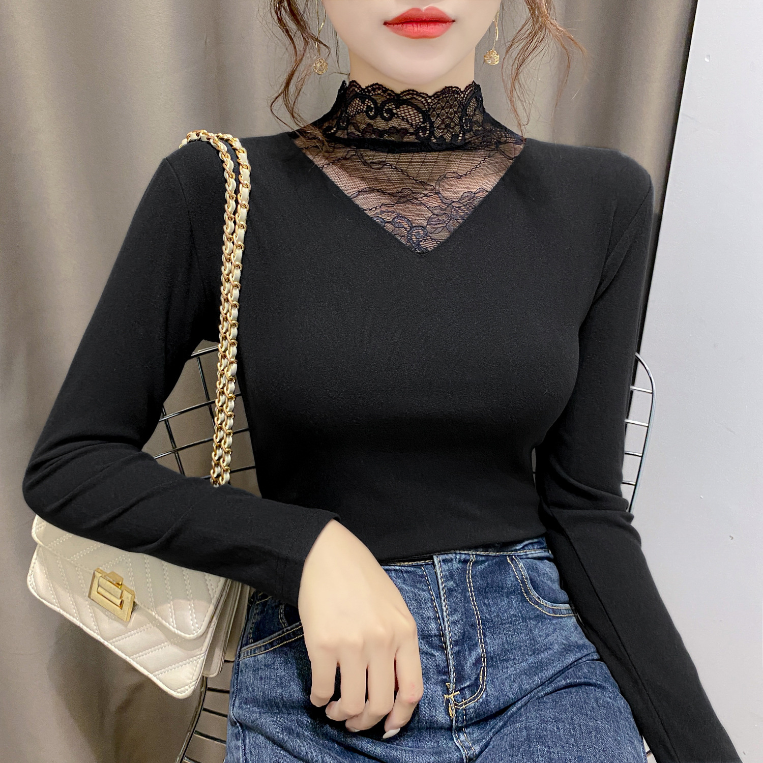 德绒保暖衣蕾丝女t恤 高领女神衣百搭长袖加绒打底衫女秋冬女装