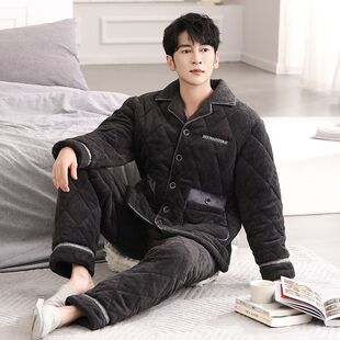 睡衣男冬季法兰绒三层加厚保暖可外穿夹棉加绒长袖长裤家居服套装