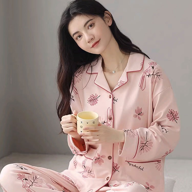女士睡衣月子服春秋季纯棉薄款开衫长袖长裤休闲花卉家居服两件套