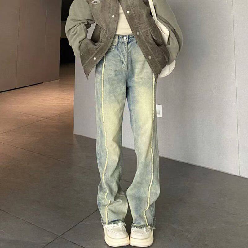 美式复古水洗做旧黄泥蓝牛仔裤女秋冬高腰显瘦直筒裤宽松阔腿长裤