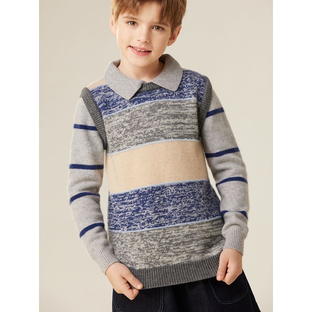 儿童羊绒衫圆领套头男童POLO领假两件条纹毛衣中大童外穿针织衫