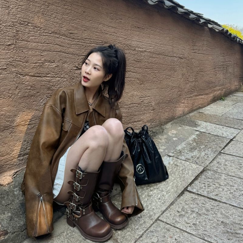 显瘦皮衣外套女2025年新款春秋季机车服短款咖色复古美拉德夹克秋
