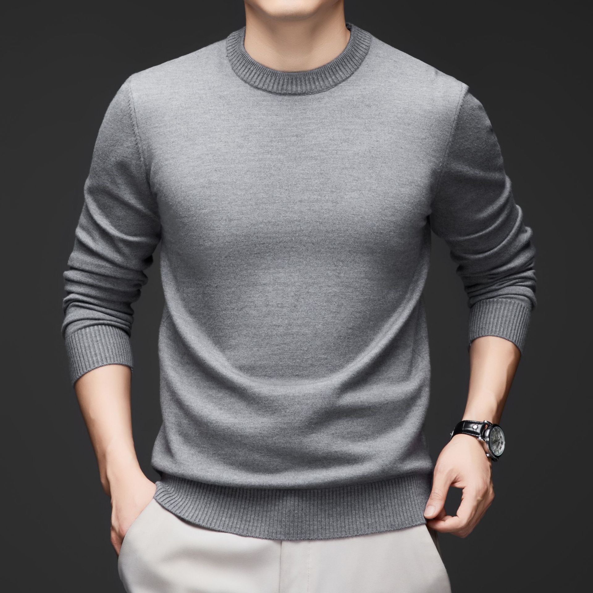 秋冬新款保暖内搭纯色男装圆领纺羊毛衫男士休闲纯色针织打底