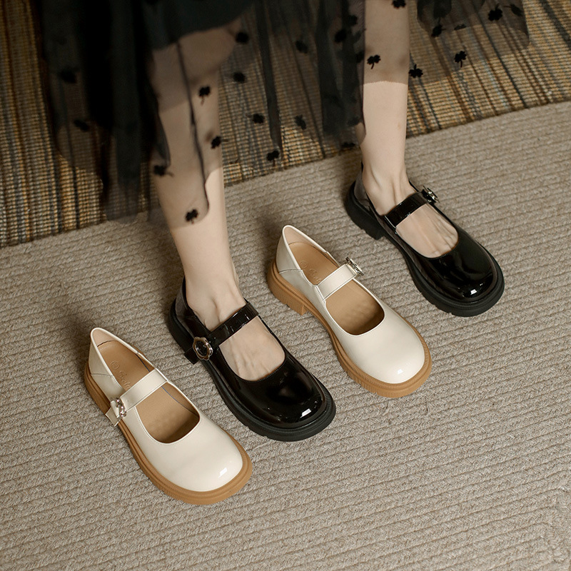 秋季一字带真皮法式玛丽珍单鞋软底学生百搭粗跟厚底小皮鞋女