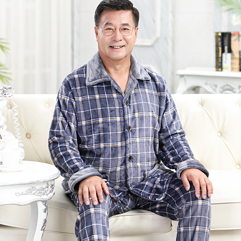 男士睡衣冬季珊瑚绒保暖秋冬款大中年法兰绒家居服男加厚加绒冬