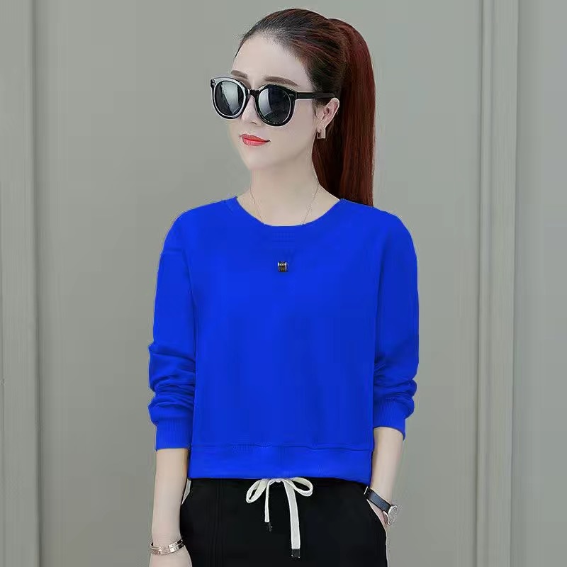 蓝色短款长袖卫衣女宽松韩版春秋新款减龄显瘦小个子洋气百搭上衣