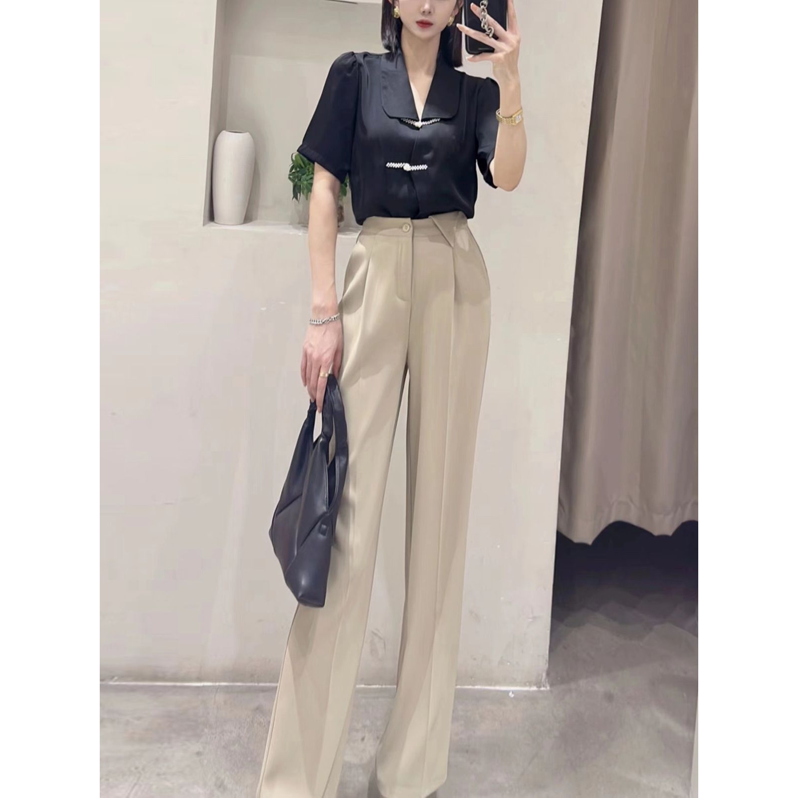 女装档口早秋新款阔腿裤女宽松直筒裤长裤西装裤立体压褶