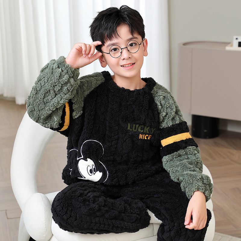 儿童睡衣男童秋冬季加绒加厚珊瑚绒小男孩中大童法兰绒家居服套装