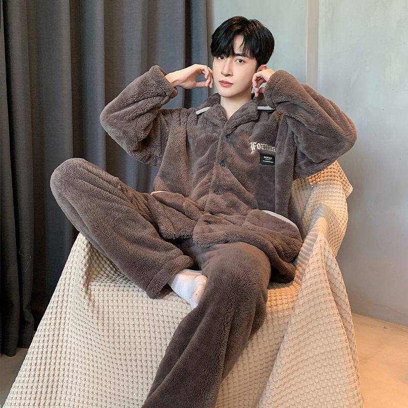 2025年新款法兰绒睡衣套装男秋冬季款加绒加厚珊瑚绒家居服可外穿