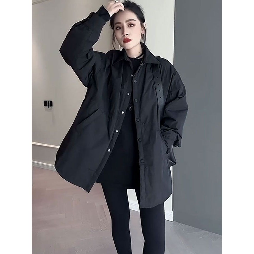 韩版百搭宽松薄款棉衣棉服女秋冬新款中长款夹棉衬衫大码外套