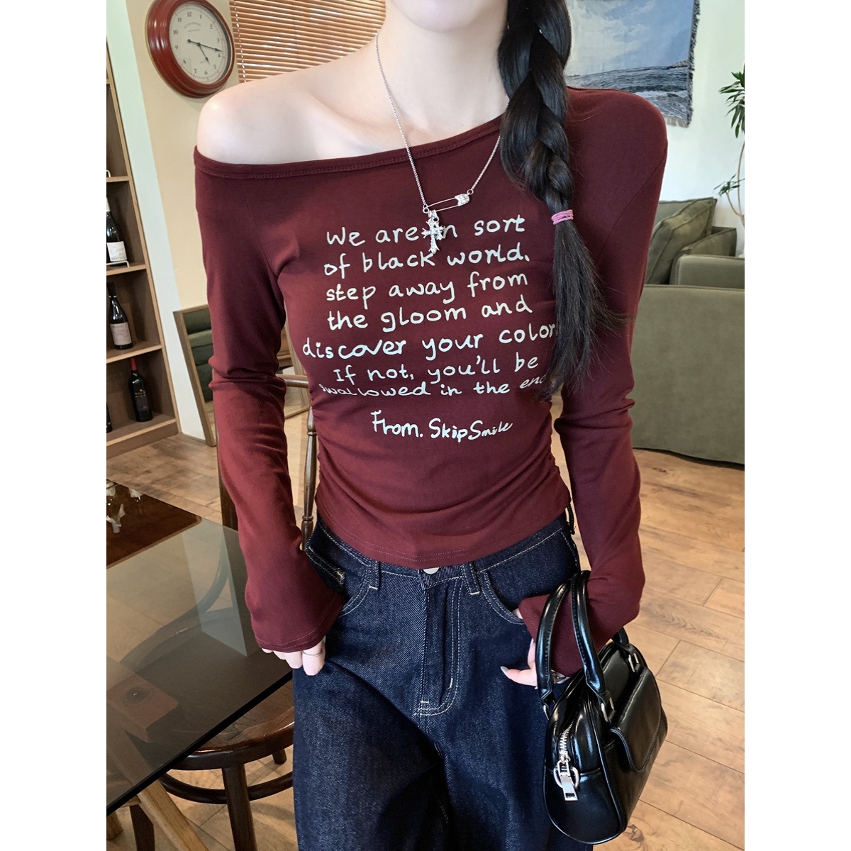 斜肩长袖T恤打底衫女秋季新款洋气高级感安哥红内搭修身上衣