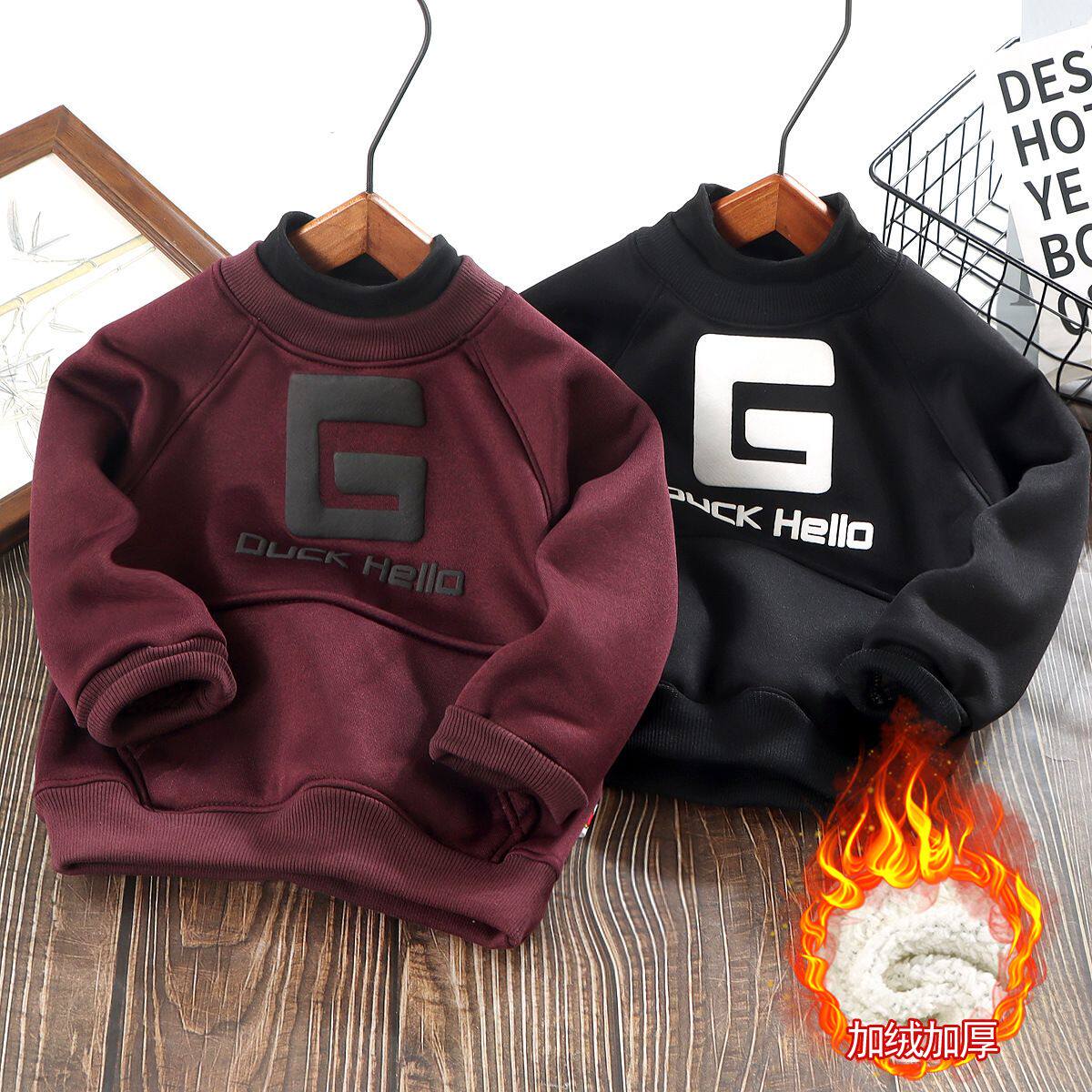 儿童新款加绒加厚卫衣冬季保暖半高领男童女童上衣中小童时尚