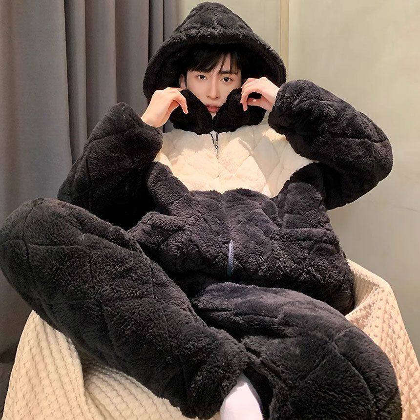 三层夹棉睡衣男冬季款加厚加绒珊瑚绒青年男生带帽男士冬天家居服,女士内衣/男士内衣/家居服,睡衣/家居服套装,淘宝优惠券,粉丝福利购,淘宝优惠卷