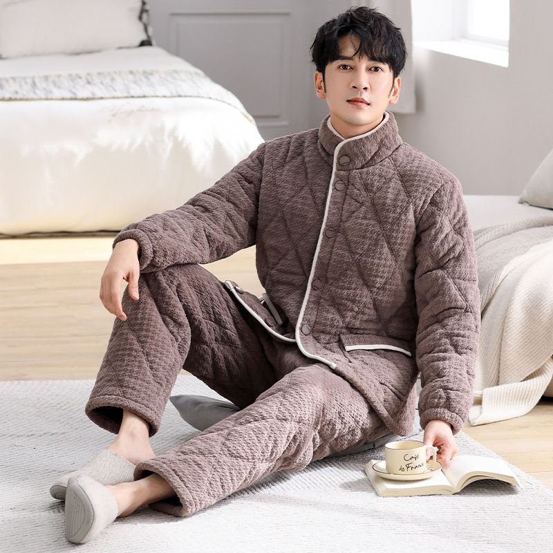 睡衣男秋冬季加厚加绒珊瑚绒三层夹棉袄保暖冬款男士法兰绒家居服