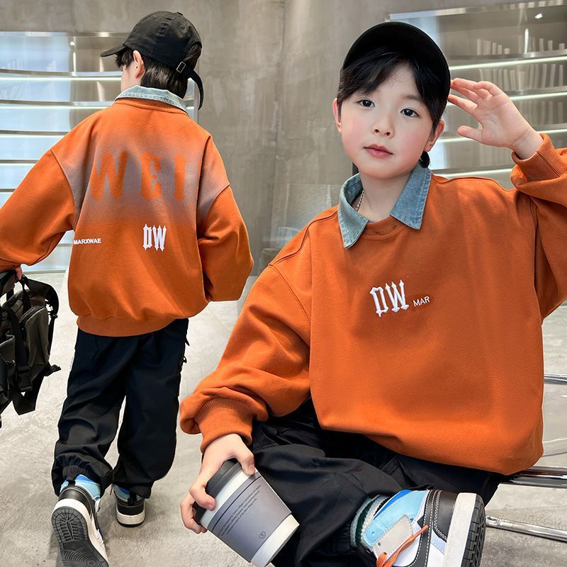 男童假两件休闲卫衣中大童春秋款2025新款儿童春季牛仔衬衫领洋气