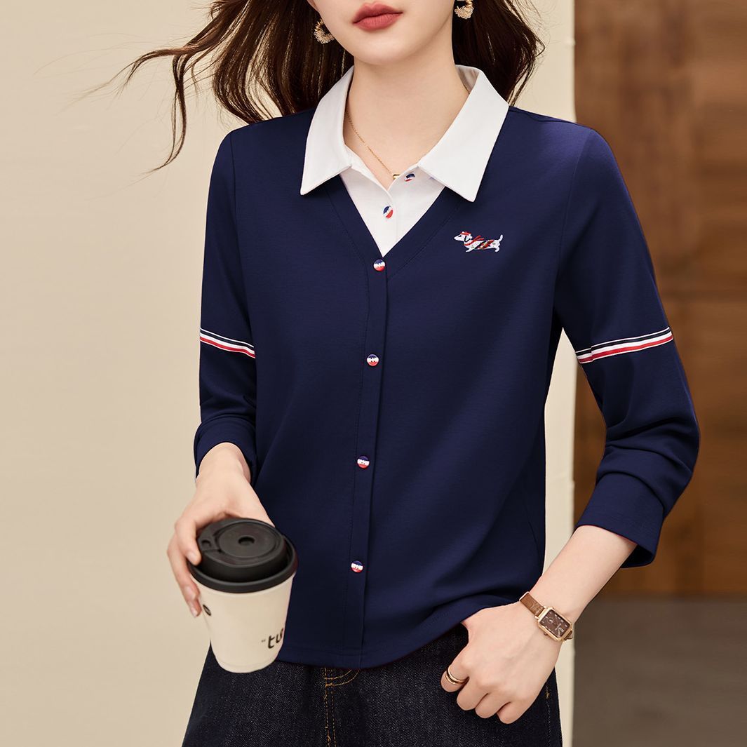 翻领长袖t恤女2025新款早秋女装假两件上衣时尚洋气薄打底衫