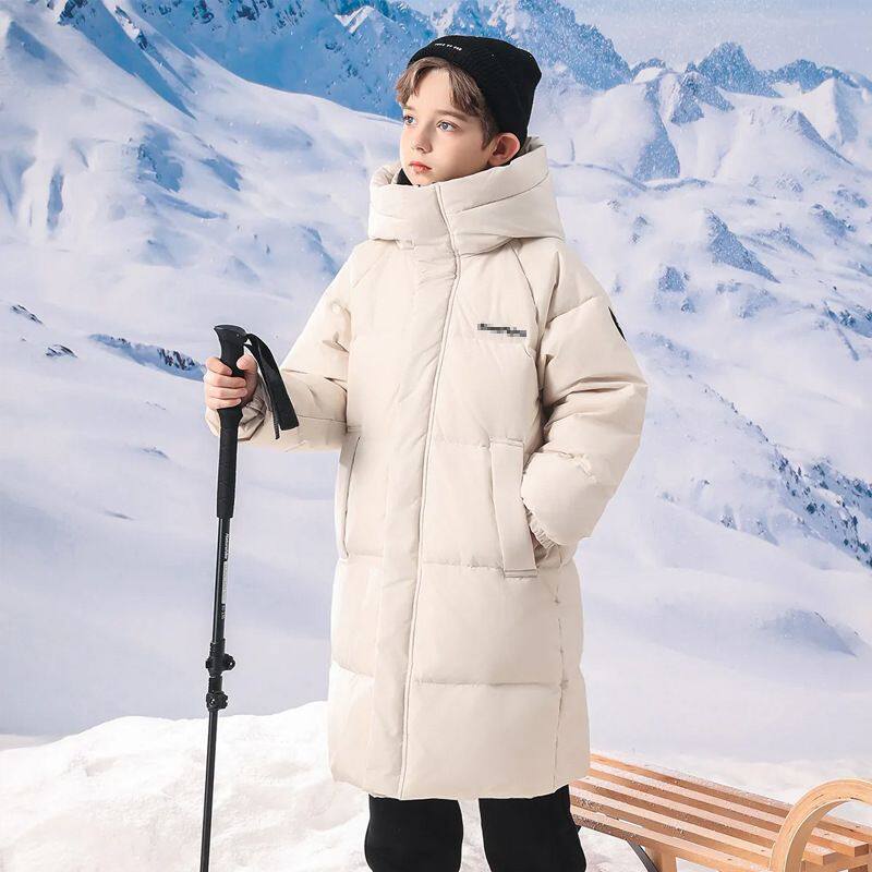 韩版儿童羽绒服男冬季潮流保暖大童女中长款过膝连帽灰鸭绒羽绒服