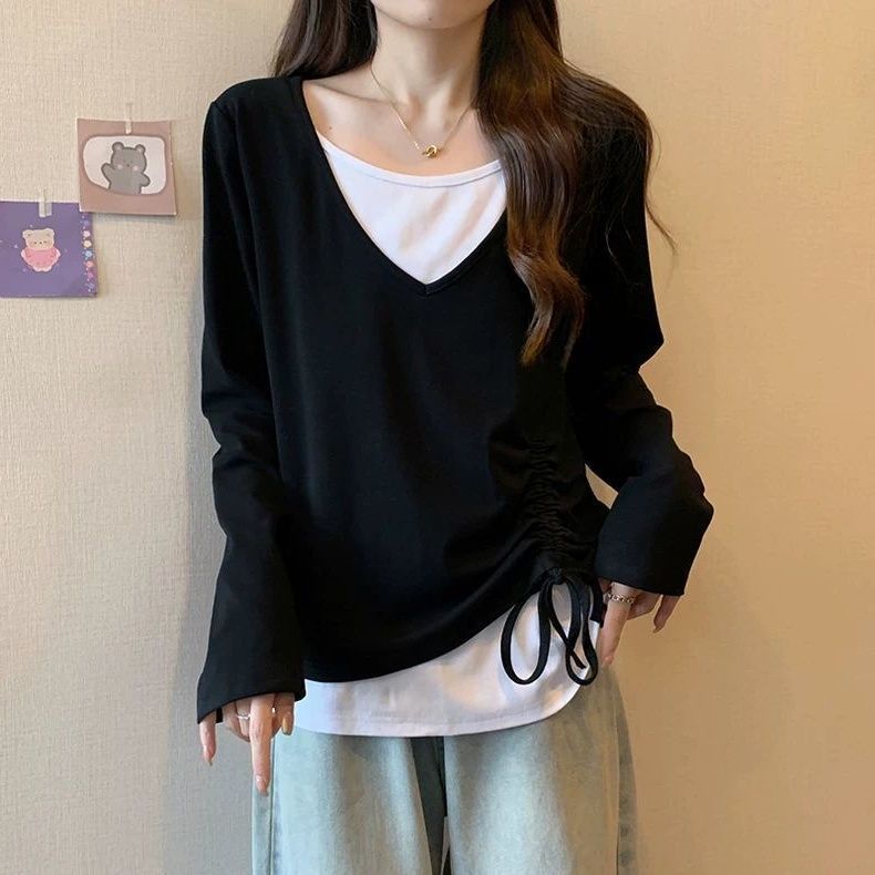 春秋胖mm韩版撞色拼接假两件T恤300斤大码宽松休闲百搭长袖上衣女