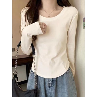[95棉]纯棉正肩长袖T恤女 新款早秋设计感小众内搭薄款圆领打底衫