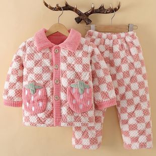 冬季儿童三层夹棉睡衣加绒加厚保暖男童男孩家居服女童珊瑚绒套装