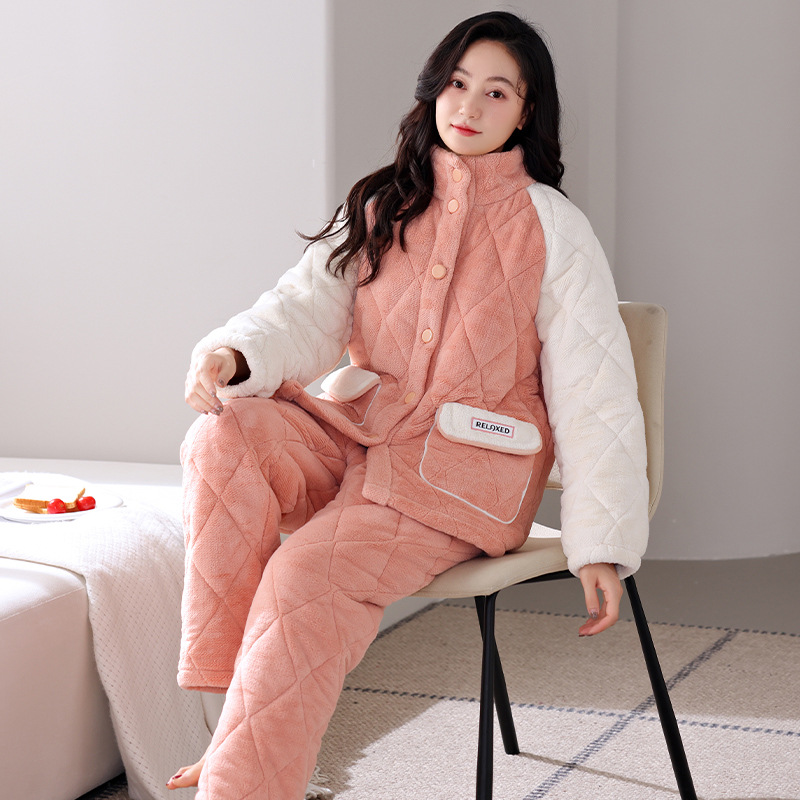 年新款冬季三层夹棉睡衣女抗静电保暖加绒秋冬款可外穿家居服