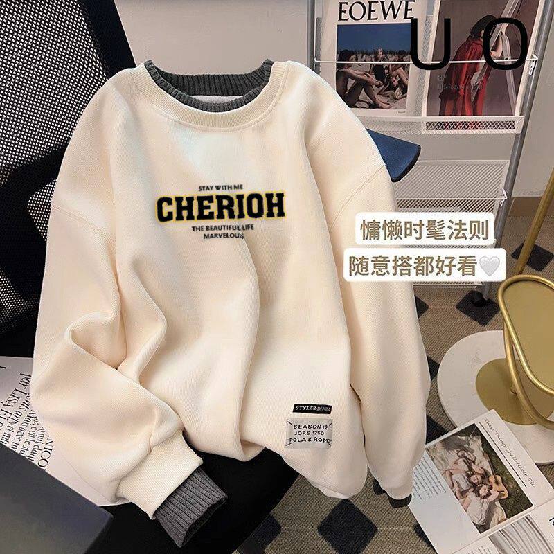 拼接假两件加绒加厚卫衣女秋冬季新款高级感宽松圆领套头外套上衣