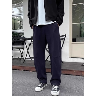 藏蓝色美式弯刀卫裤男春秋季美式复古运动裤子休闲宽松香蕉镰刀裤