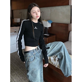 黑色辣妹设计感纯欲风短款长袖T恤小众打底衫女秋季内搭修身上衣