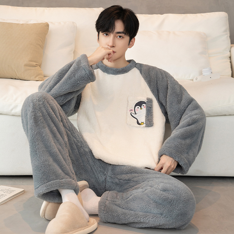 2025年新款法兰绒睡衣套装男秋冬季款加绒加厚珊瑚绒家居服可外穿