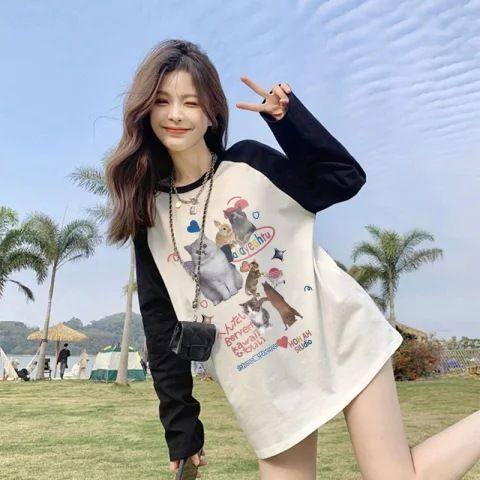 动物图案长袖T恤女秋季打底衫内搭单穿宽松甜辣妹中长款休闲上衣,女装/女士精品,大码内搭,淘宝优惠券,粉丝福利购,淘宝优惠卷