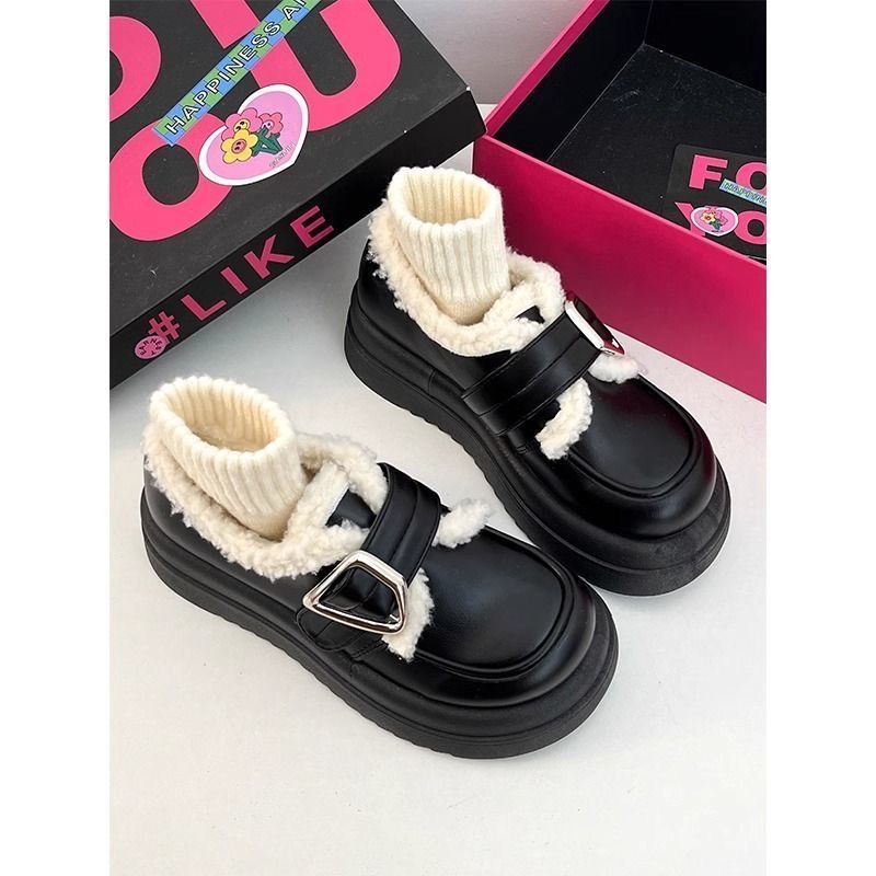 松糕厚底小皮鞋女秋冬新款网红加棉加绒玛丽珍鞋乐福鞋ins