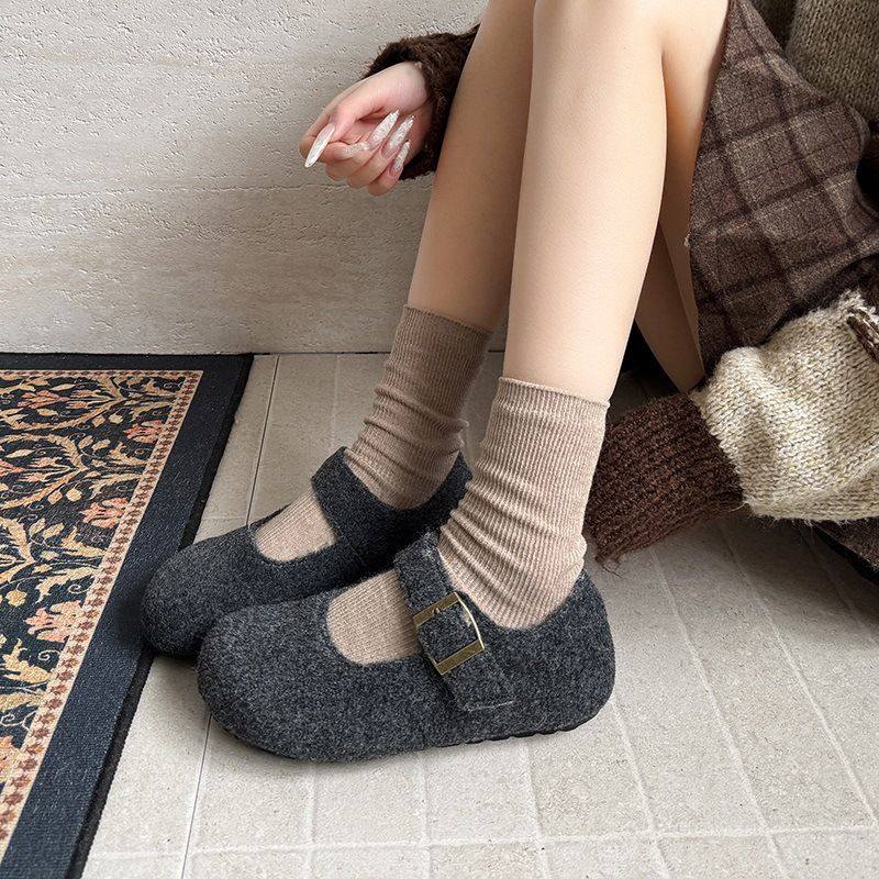 休闲毛毡一字扣带玛丽珍鞋女2025冬季新款百搭日常浅口单鞋毛毛鞋,童鞋/婴儿鞋/亲子鞋,皮鞋,淘宝优惠券,粉丝福利购,淘宝优惠卷