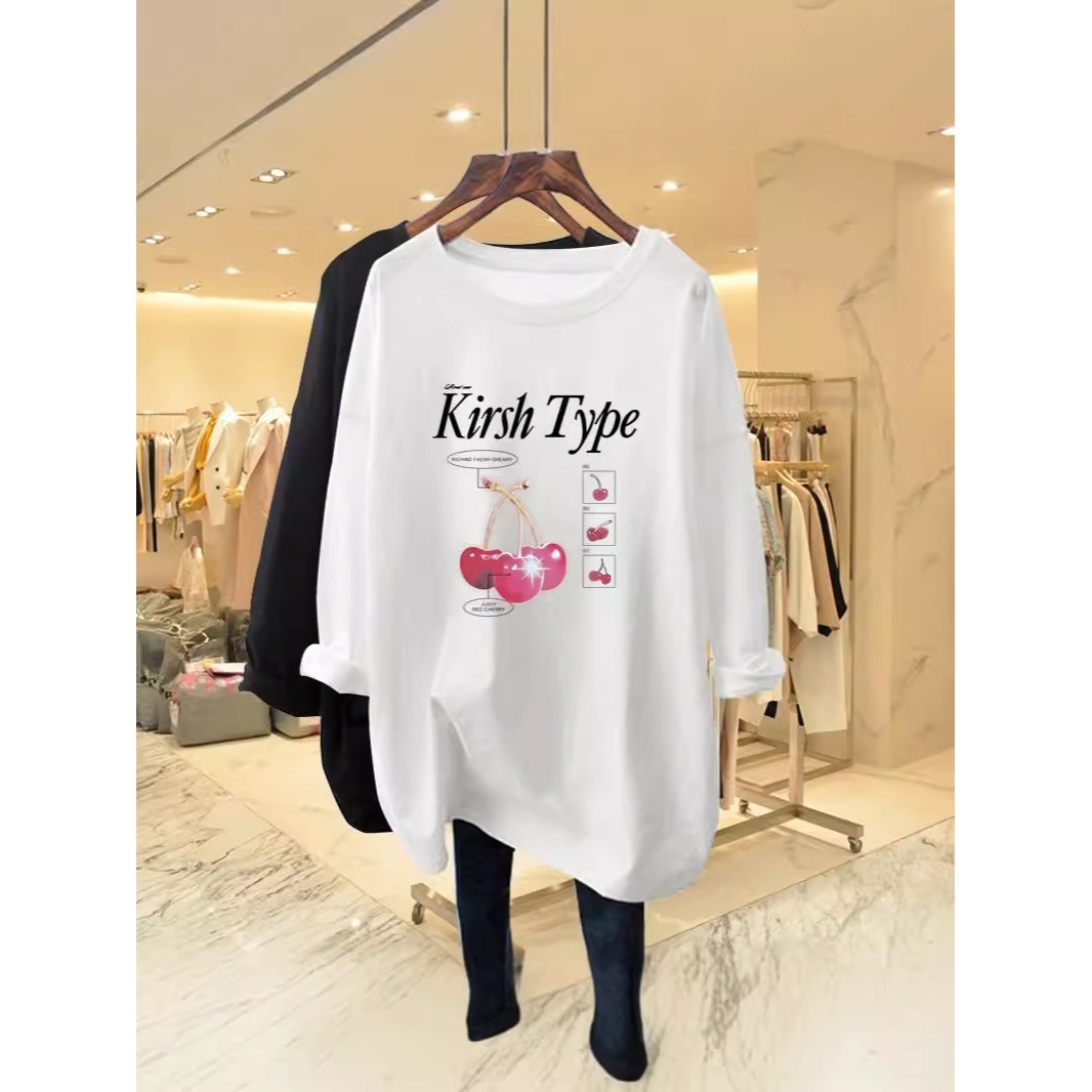 早秋新款长袖T恤女韩版宽松大码中长款上衣春秋磨毛港风ins潮