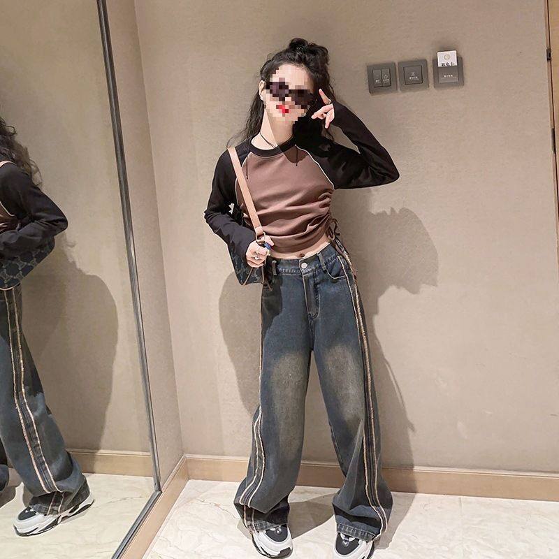 女童秋装牛仔阔腿裤套装2025新款洋气女大童时髦春秋打底衫两件套