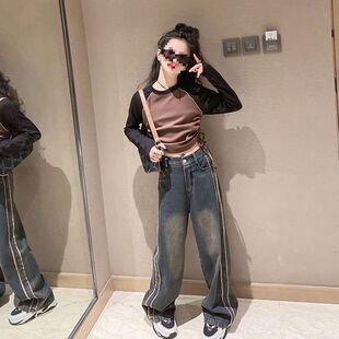 女童秋装牛仔阔腿裤套装2025新款洋气女大童时髦春秋打底衫两件套